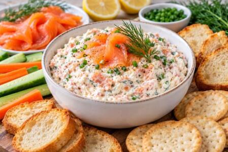 Crema de queso con salmón ahumado para servir con pan y galletas