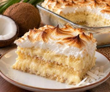 Bienmesabe venezolano de coco con bizcochuelo, crema y merengue dorado