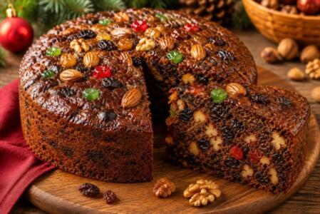 Torta negra venezolana de Navidad con pasas, nueces y frutas confitadas