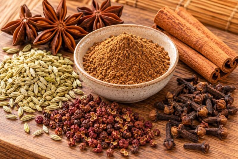 Polvo de cinco especias chinas con anís, hinojo, pimienta de Sichuán, canela y clavo