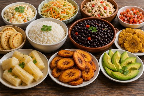 Acompañamientos venezolanos con arroz, caraotas, yuca, tajadas, ensaladas y aguacate