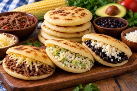 Arepas venezolanas rellenas de carne mechada, reina pepiada y caraotas con queso