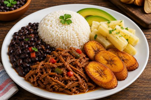 Contornos de comidas venezolanas con arroz, caraotas, tajadas, yuca y aguacate