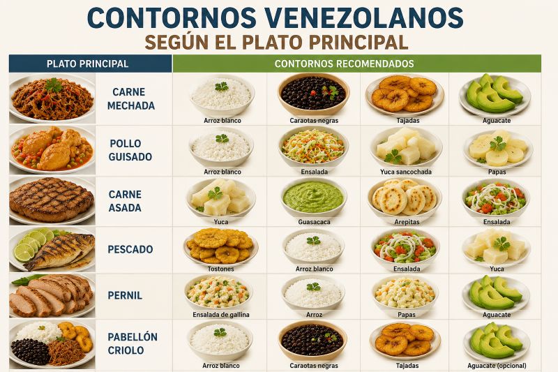 Tabla de contornos venezolanos recomendados según el plato principal