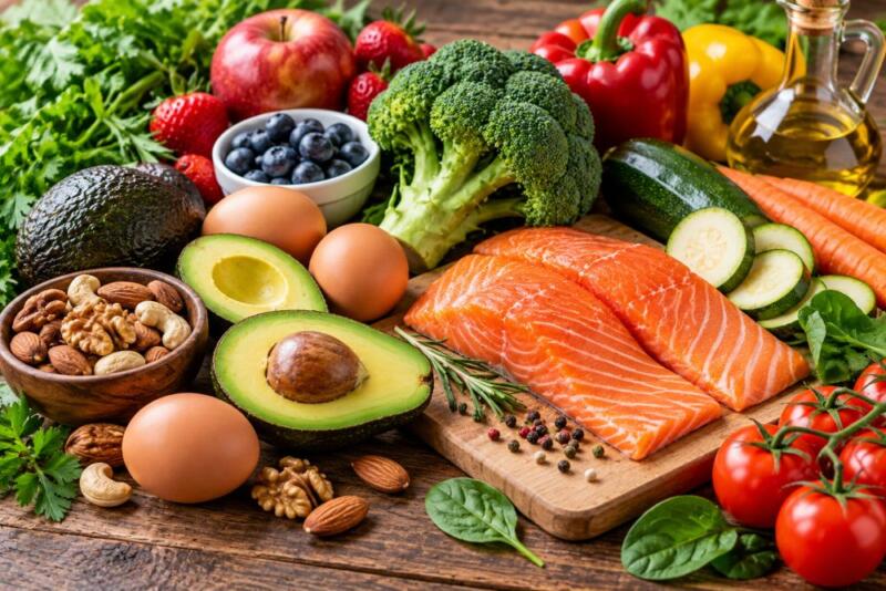 Alimentos de la dieta paleo con salmón, huevos, aguacate, verduras, frutas y frutos secos