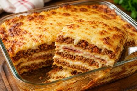 Pasticho venezolano de carne con salsa bechamel, jamón y queso