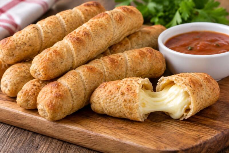 Tequeños integrales horneados rellenos de queso blanco, servidos con salsa