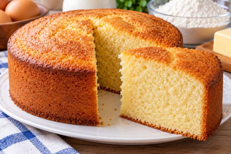 Torta de medio kilo de harina, casera y esponjosa, cortada para mostrar su interior