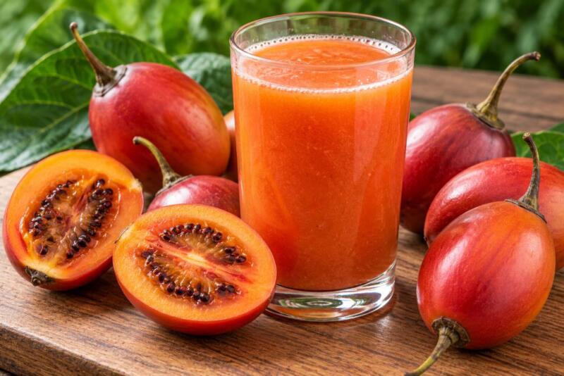 Jugo de tomate de árbol casero con tomates de árbol frescos