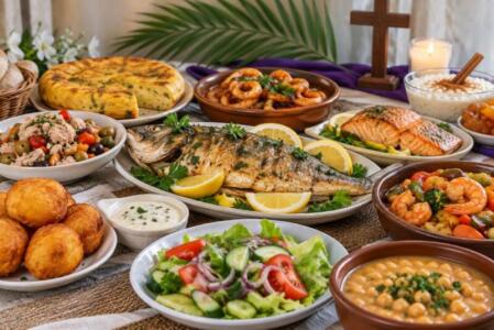 Comidas para Semana Santa con pescado, mariscos, ensalada y platos sin carne
